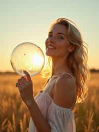 woman holding a giant soap bubble in a sunlit field