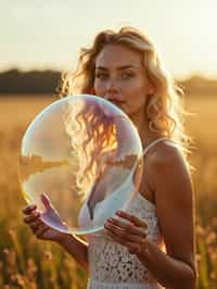 woman holding a giant soap bubble in a sunlit field