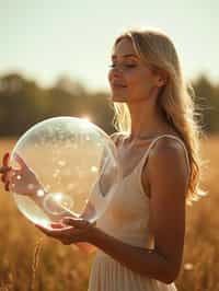 woman holding a giant soap bubble in a sunlit field