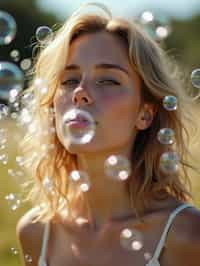 woman blowing bubbles. all around her are floating bubbles. many bubbles floating. the bubbles reflect her face. she stands in a sunlit field.