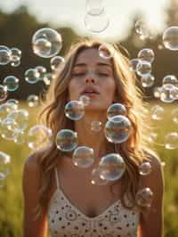 woman blowing bubbles. all around her are floating bubbles. many bubbles floating. the bubbles reflect her face. she stands in a sunlit field.