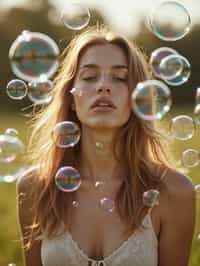 woman blowing bubbles. all around her are floating bubbles. many bubbles floating. the bubbles reflect her face. she stands in a sunlit field.