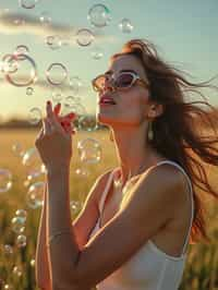 woman blowing bubbles. all around her are floating bubbles. many bubbles floating. the bubbles reflect her face. she stands in a sunlit field.