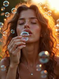 woman blowing bubbles. all around her are floating bubbles. many bubbles floating. the bubbles reflect her face. it is golden hour at sunset.