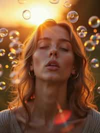 woman blowing bubbles. all around her are floating bubbles. many bubbles floating. the bubbles reflect her face. it is golden hour at sunset.