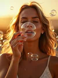 woman blowing bubbles. all around her are floating bubbles. many bubbles floating. the bubbles reflect her face. it is golden hour at sunset.