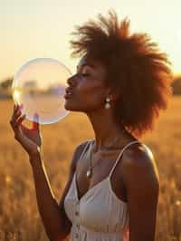 woman holding a giant soap bubble in a sunlit field