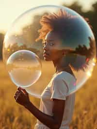 woman holding a giant soap bubble in a sunlit field