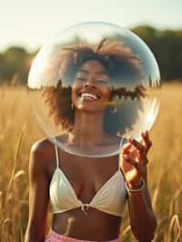 woman holding a giant soap bubble in a sunlit field