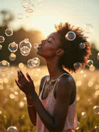 woman blowing bubbles. all around her are floating bubbles. many bubbles floating. the bubbles reflect her face. she stands in a sunlit field.