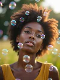 woman blowing bubbles. all around her are floating bubbles. many bubbles floating. the bubbles reflect her face. she stands in a sunlit field.