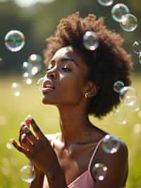 woman blowing bubbles. all around her are floating bubbles. many bubbles floating. the bubbles reflect her face. she stands in a sunlit field.