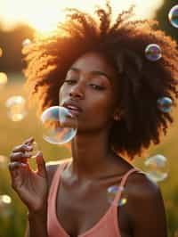 woman blowing bubbles. all around her are floating bubbles. many bubbles floating. the bubbles reflect her face. she stands in a sunlit field.