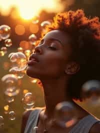 woman blowing bubbles. all around her are floating bubbles. many bubbles floating. the bubbles reflect her face. it is golden hour at sunset.