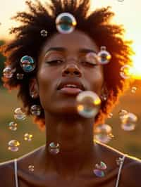 woman blowing bubbles. all around her are floating bubbles. many bubbles floating. the bubbles reflect her face. it is golden hour at sunset.