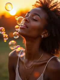 woman blowing bubbles. all around her are floating bubbles. many bubbles floating. the bubbles reflect her face. it is golden hour at sunset.