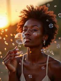 woman blowing bubbles. all around her are floating bubbles. many bubbles floating. the bubbles reflect her face. it is golden hour at sunset.