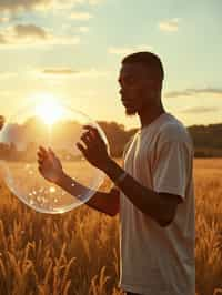 man holding a giant soap bubble in a sunlit field