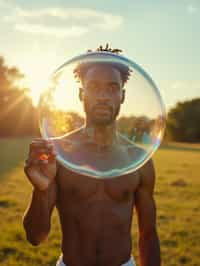 man holding a giant soap bubble in a sunlit field