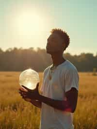 man holding a giant soap bubble in a sunlit field