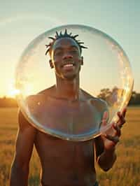 man holding a giant soap bubble in a sunlit field