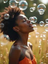 man blowing bubbles. all around her are floating bubbles. many bubbles floating. the bubbles reflect her face. she stands in a sunlit field.