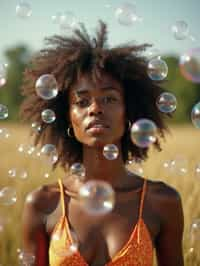 man blowing bubbles. all around her are floating bubbles. many bubbles floating. the bubbles reflect her face. she stands in a sunlit field.