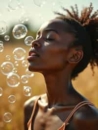 man blowing bubbles. all around her are floating bubbles. many bubbles floating. the bubbles reflect her face. she stands in a sunlit field.