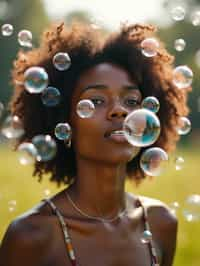 man blowing bubbles. all around her are floating bubbles. many bubbles floating. the bubbles reflect her face. she stands in a sunlit field.