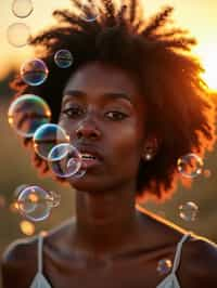 man blowing bubbles. all around her are floating bubbles. many bubbles floating. the bubbles reflect her face. it is golden hour at sunset.