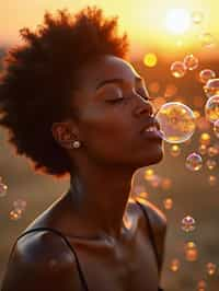 man blowing bubbles. all around her are floating bubbles. many bubbles floating. the bubbles reflect her face. it is golden hour at sunset.