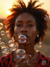 man blowing bubbles. all around her are floating bubbles. many bubbles floating. the bubbles reflect her face. it is golden hour at sunset.