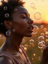 man blowing bubbles. all around her are floating bubbles. many bubbles floating. the bubbles reflect her face. it is golden hour at sunset.