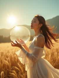 woman holding a giant soap bubble in a sunlit field