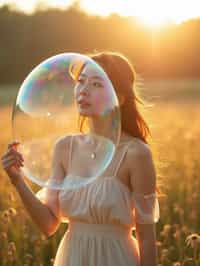 woman holding a giant soap bubble in a sunlit field