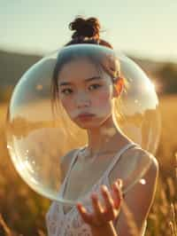 woman holding a giant soap bubble in a sunlit field