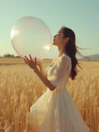 woman holding a giant soap bubble in a sunlit field