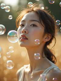 woman blowing bubbles. all around her are floating bubbles. many bubbles floating. the bubbles reflect her face. she stands in a sunlit field.