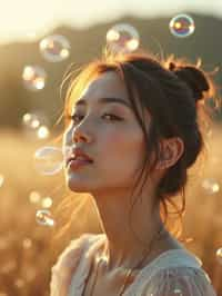 woman blowing bubbles. all around her are floating bubbles. many bubbles floating. the bubbles reflect her face. she stands in a sunlit field.