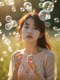 woman blowing bubbles. all around her are floating bubbles. many bubbles floating. the bubbles reflect her face. she stands in a sunlit field.