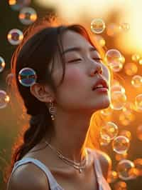 woman blowing bubbles. all around her are floating bubbles. many bubbles floating. the bubbles reflect her face. it is golden hour at sunset.