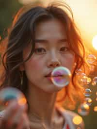 woman blowing bubbles. all around her are floating bubbles. many bubbles floating. the bubbles reflect her face. it is golden hour at sunset.