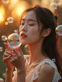 woman blowing bubbles. all around her are floating bubbles. many bubbles floating. the bubbles reflect her face. it is golden hour at sunset.