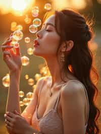 woman blowing bubbles. all around her are floating bubbles. many bubbles floating. the bubbles reflect her face. it is golden hour at sunset.