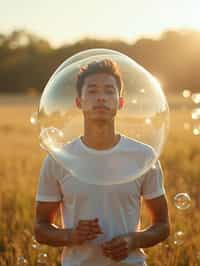 man holding a giant soap bubble in a sunlit field