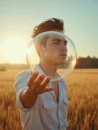 man holding a giant soap bubble in a sunlit field