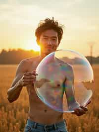 man holding a giant soap bubble in a sunlit field