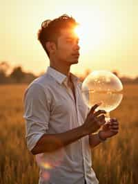 man holding a giant soap bubble in a sunlit field