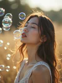 man blowing bubbles. all around her are floating bubbles. many bubbles floating. the bubbles reflect her face. she stands in a sunlit field.