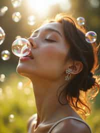 man blowing bubbles. all around her are floating bubbles. many bubbles floating. the bubbles reflect her face. she stands in a sunlit field.